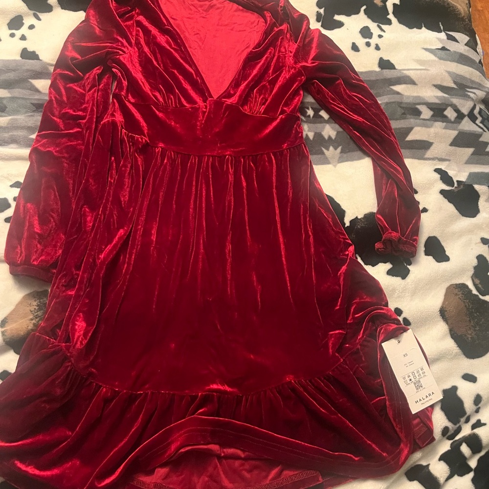 HALARA Red Ruched Babydoll Dress with Bishop Sleeves